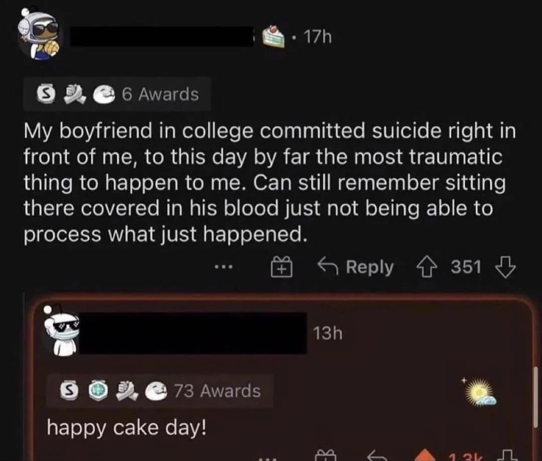 my boyfriend in college committed suicide right in front of me, to this day by far the most traumatic thing to happen to me.