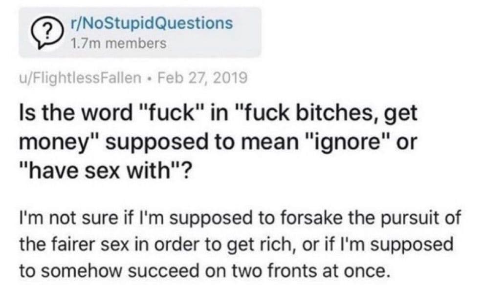 is the word "fuck" in "fuck bitches, get money" supposed to mean "ignore" or "have sex with"?
