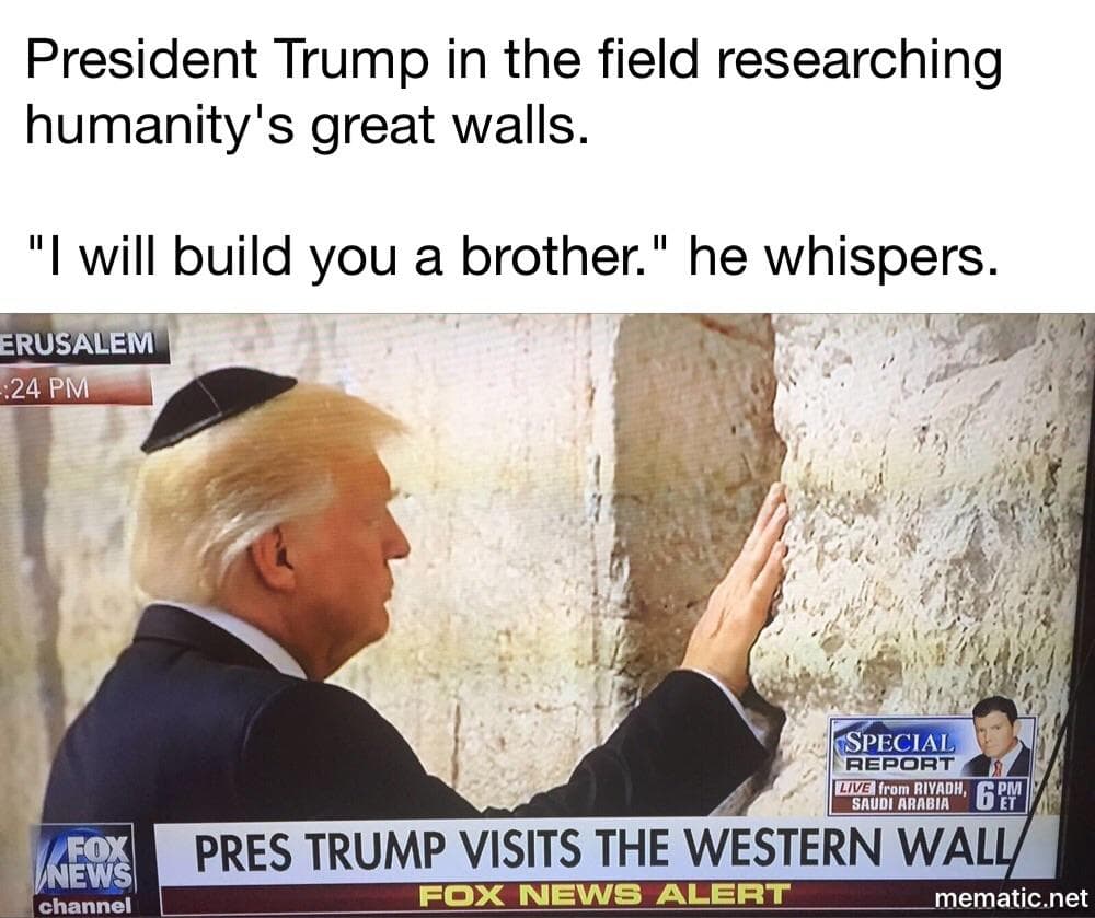 president trump in the field researching humanity's great walls.