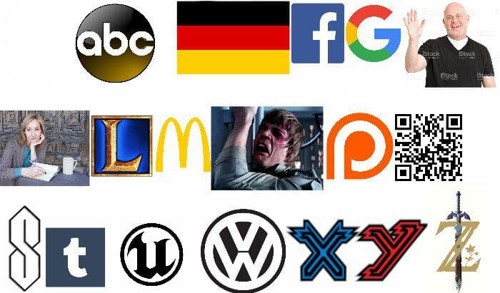 this image contains a rebus puzzle using various logos and symbols to spell out the alphabet from a to z.