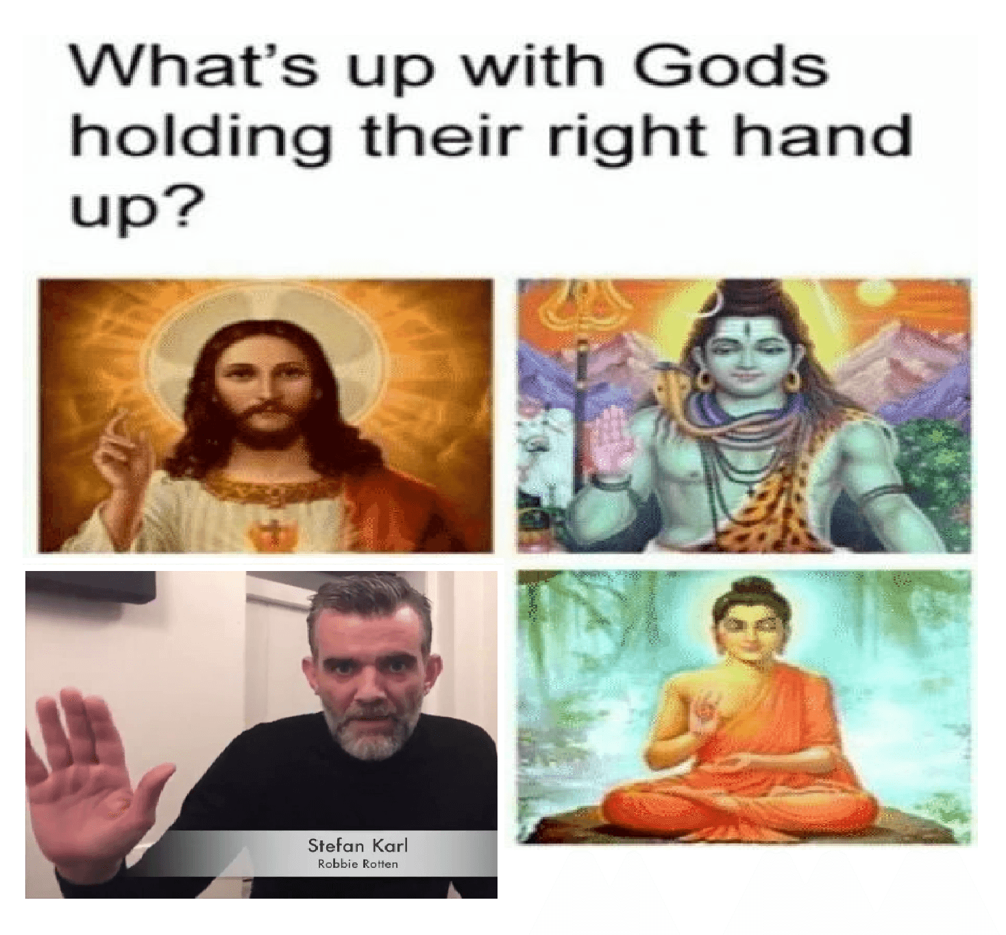 what's up with gods holding their right hand up?