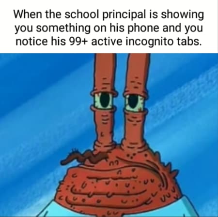 when the school principal is showing you something on his phone and you notice his 99+ active incognito tabs.