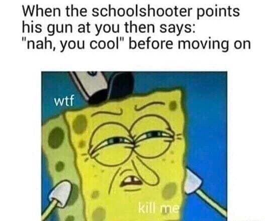 when the schoolshooter points his gun at you then says: "nah, you cool" before moving on