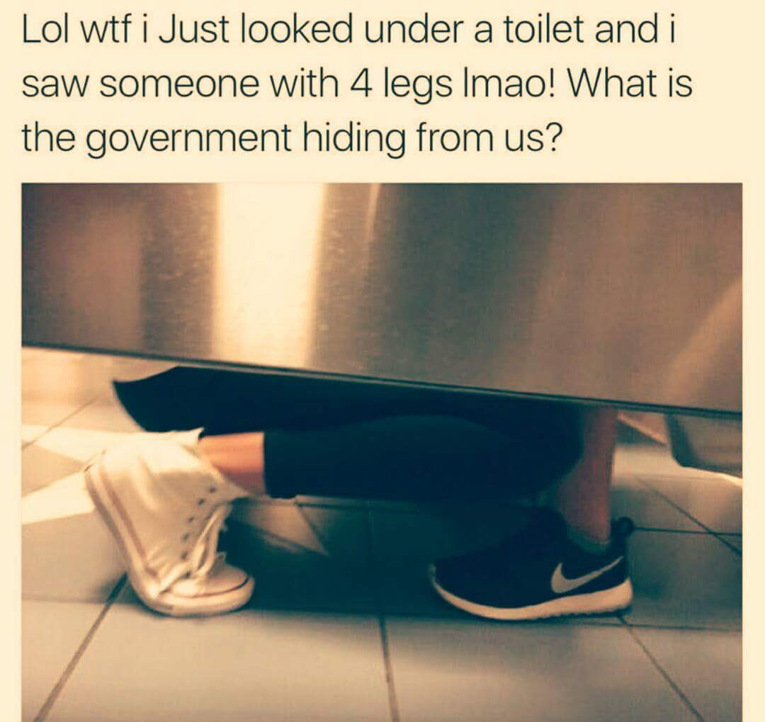 lol wtf i just looked under a toilet and i saw someone with 4 legs lmao!