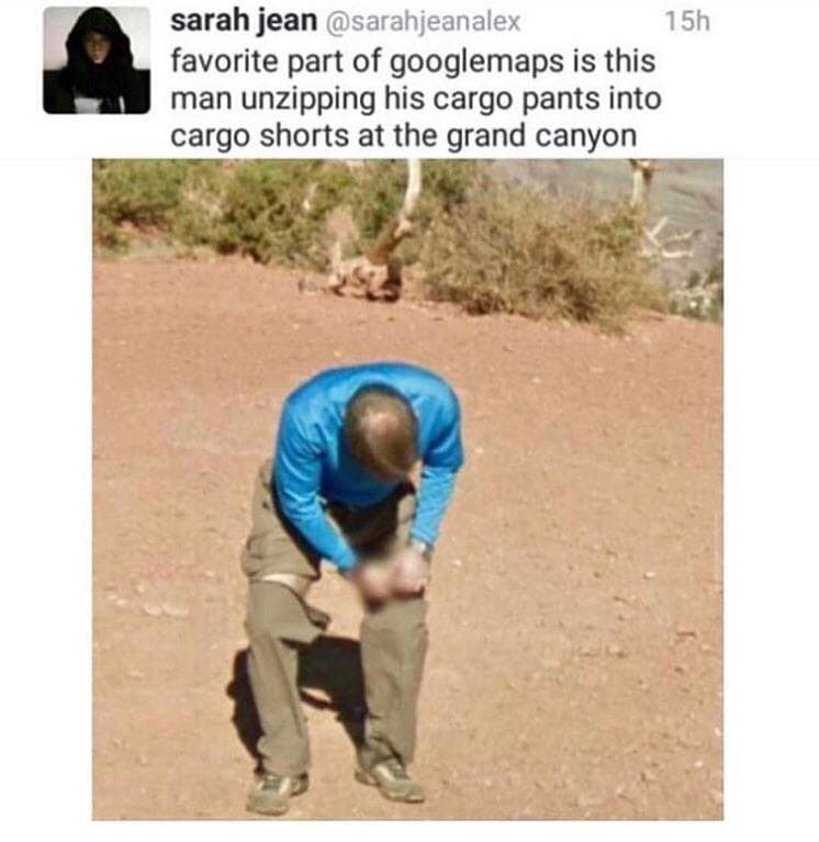 favorite part of googlemaps is this man unzipping his cargo pants into cargo shorts at the grand canyon