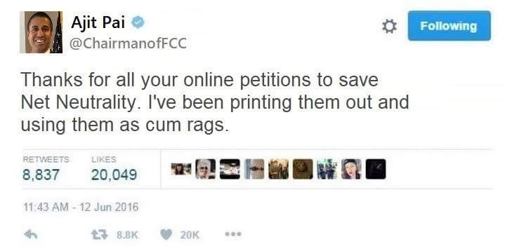 thanks for all your online petitions to save net neutrality.