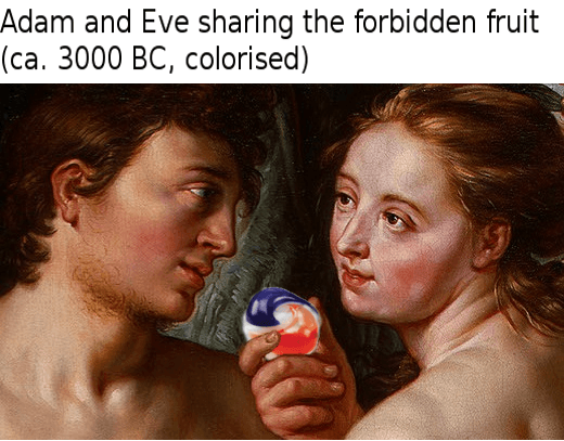 adam and eve sharing the forbidden fruit (ca. 3000 bc, colourised)