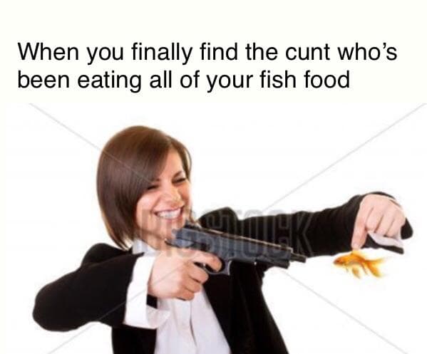 when you finally find the cunt who's been eating all of your fish food