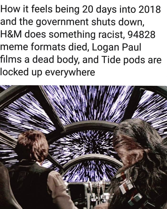 how it feels being 20 days into 2018 and the government shuts down, h&m does something racist, 94828 meme formats died, logan paul films a dead body, and tide pods are locked up everywhere