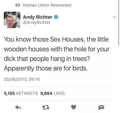 you know those sex houses, the little wooden houses with the hole for your dick that people hang in trees?