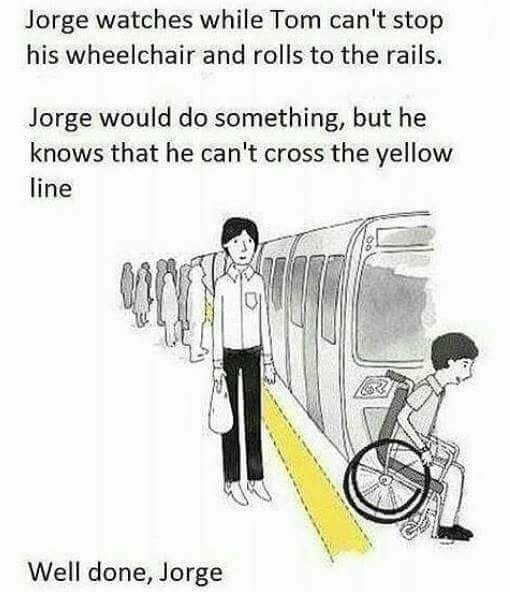 jorge watches while tom can't stop his wheelchair and rolls to the rails.