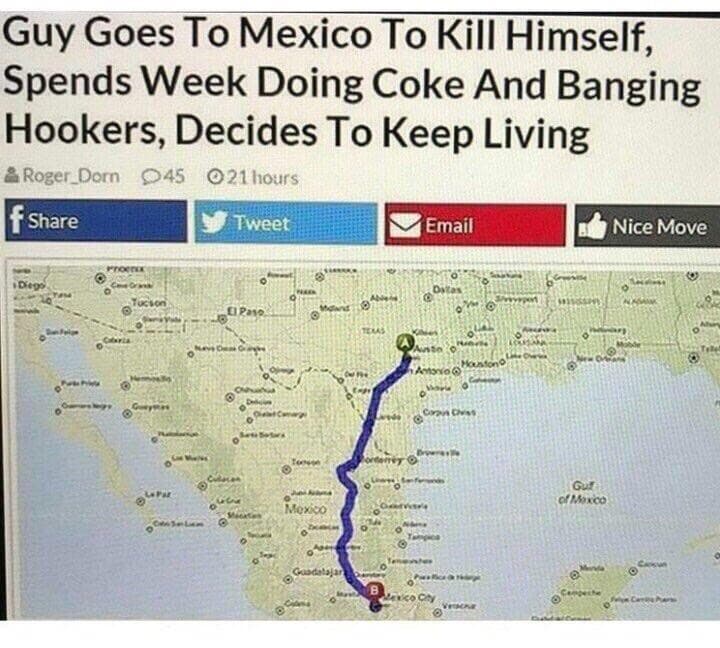 guy goes to mexico to kill himself, spends week doing coke and banging hookers, decides to keep living