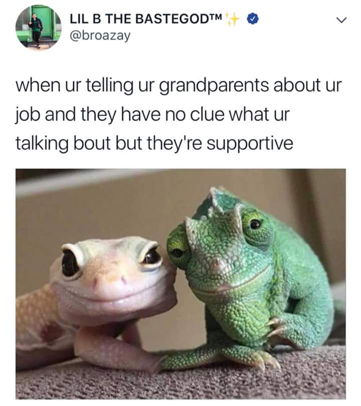 when ur telling ur grandparents about ur job and they have no clue what ur talking bout but they're supportive