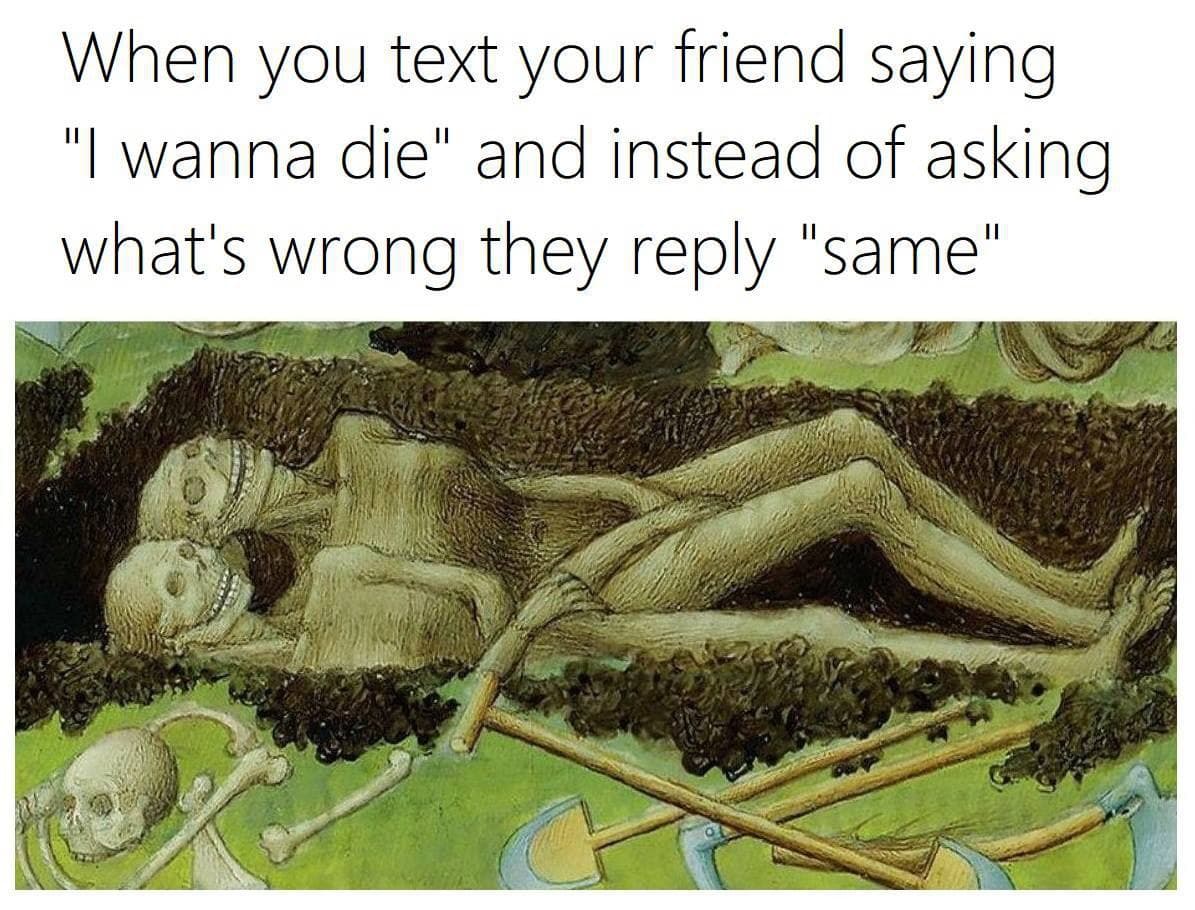 when you text your friend saying "i wanna die" and instead of asking what's wrong they reply "same"