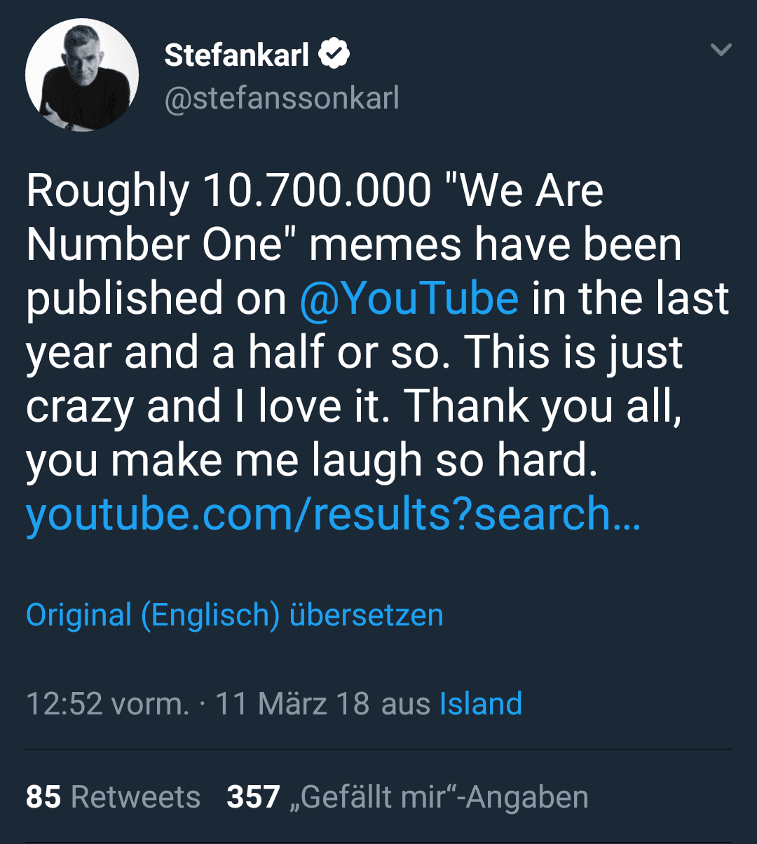 roughly 10.700.000 "we are number one" memes have been published on youtube in the last year and a half or so.
