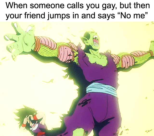 when someone calls you gay, but then your friend jumps in and says “no me”