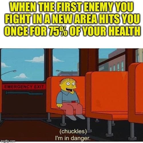 when the first enemy you fight in a new area hits you once for 75% of your health