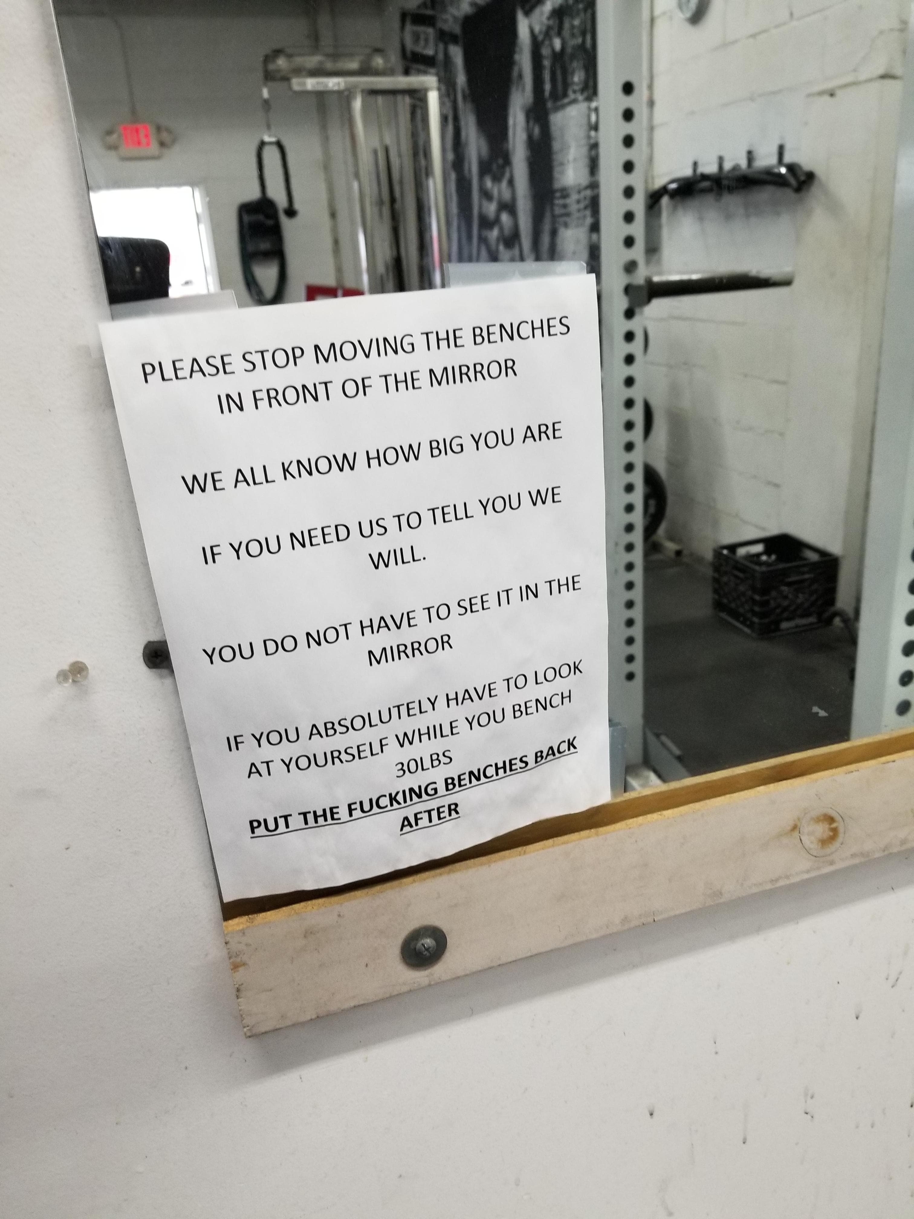 please stop moving the benches in front of the mirror